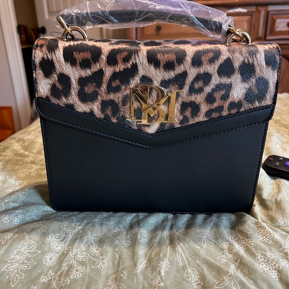 Badgley M Leopard Print and Black Handbag with crossbody strap